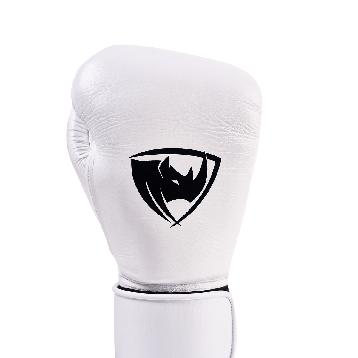 PROLAST PG professional boxing gloves in Columbian white, close-up of one glove front with black rhino logo
