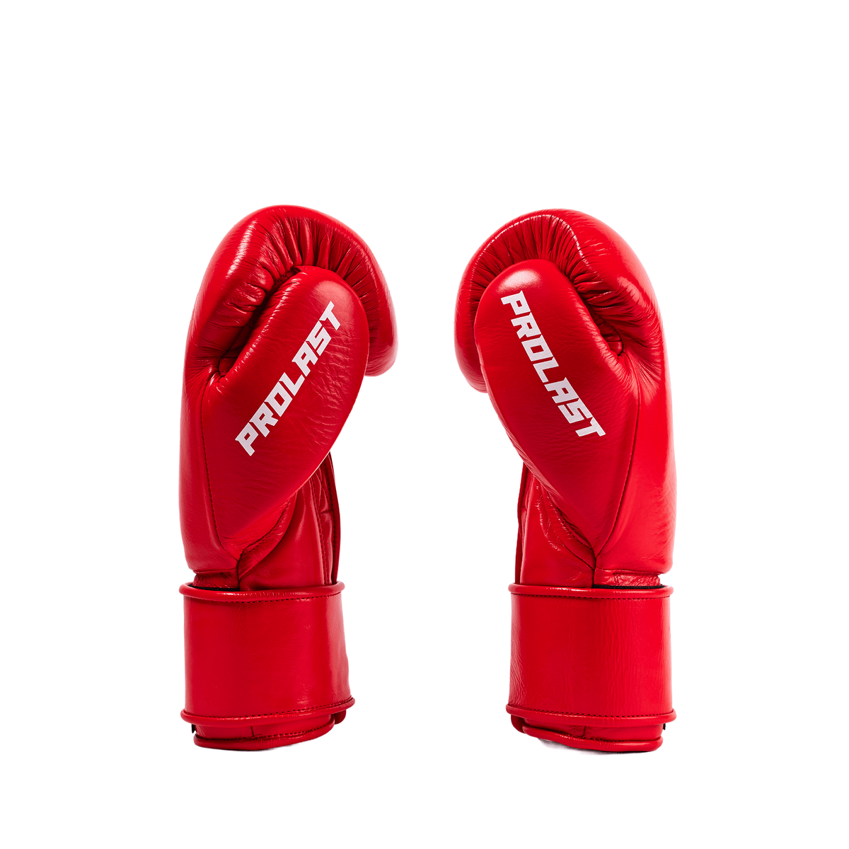 PROLAST PG professional boxing gloves in crimson red with Velcro strap, pair side view with white PROLAST lettering