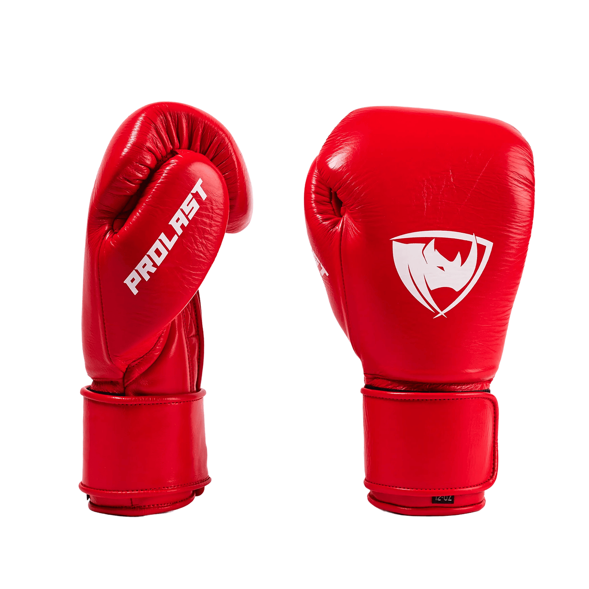 PROLAST PG professional boxing gloves in crimson red with Velcro strap, pair showing the PROLAST thumb side and rhino logo