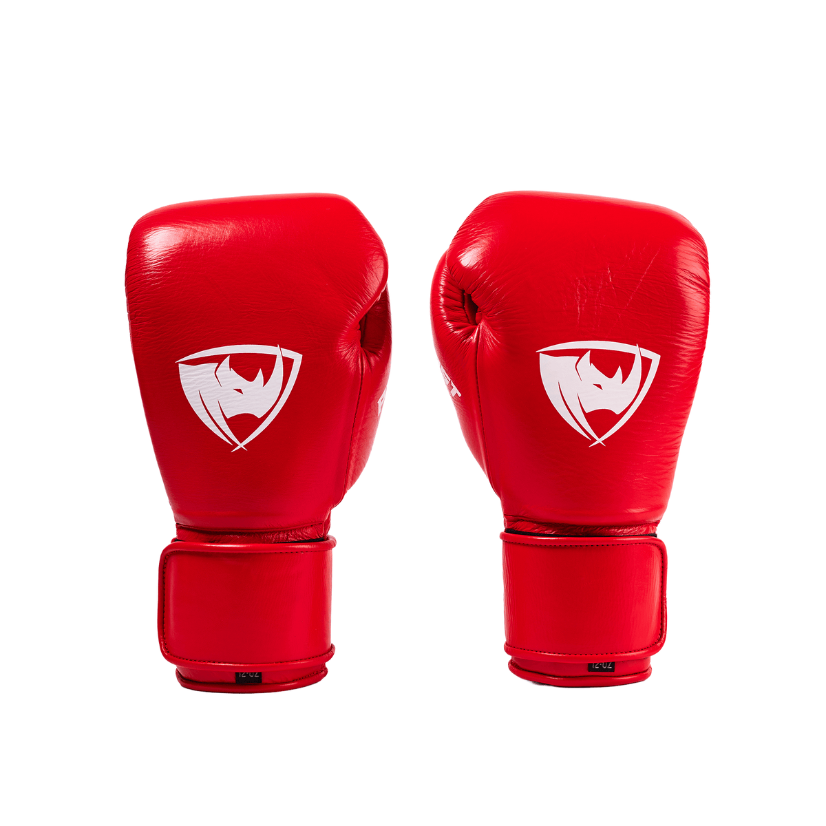 PROLAST PG professional boxing gloves in crimson red with Velcro strap, pair front view with white rhino logos