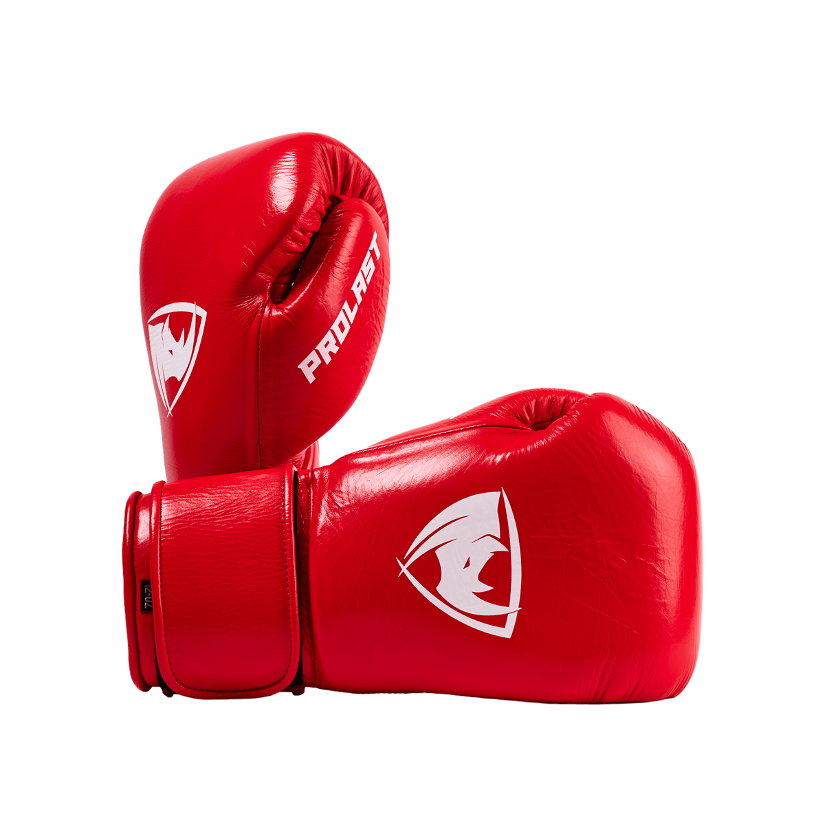 PROLAST PG professional boxing gloves in crimson red with Velcro strap, stacked pair at an angle, logos and lettering