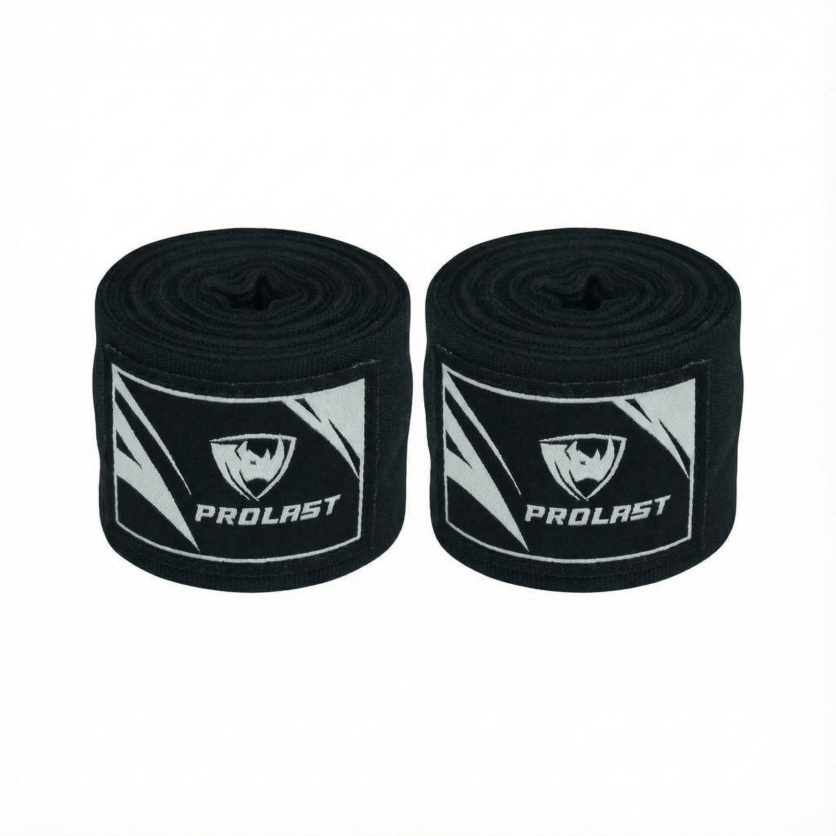 PROLAST 180 in professional boxing hand wraps in black, two rolled wraps side by side with PROLAST rhino labels