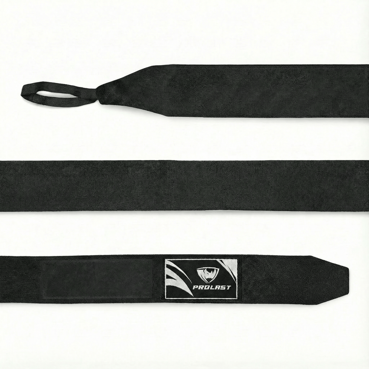 PROLAST 180 in professional boxing hand wraps in black, laid flat: thumb loop, wrap and PROLAST-labelled closure end