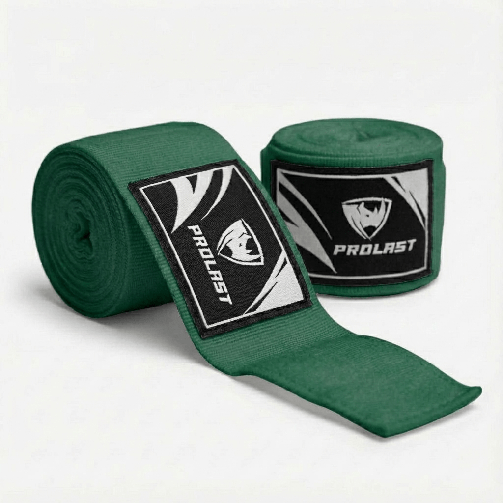 PROLAST 180 in professional boxing hand wraps in Hunter Green, two rolls, one partly unrolled to show the logo label