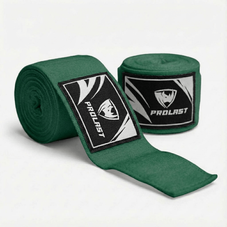 PROLAST 180 in professional boxing hand wraps in Hunter Green, two rolls, one partly unrolled to show the logo label