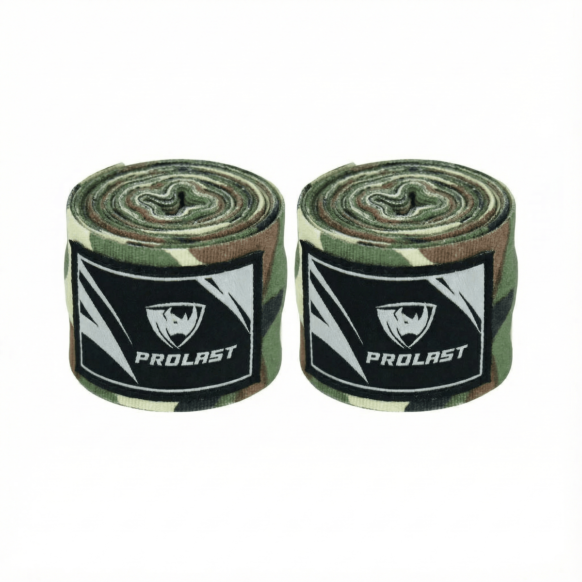 PROLAST 180 in professional boxing hand wraps in Military Green camo, pair of rolled wraps side by side, logo labels facing front