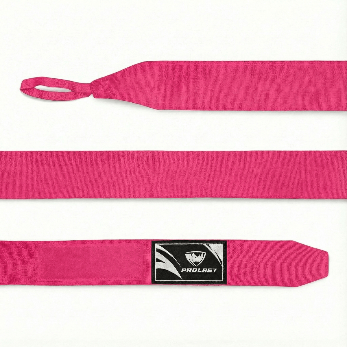 PROLAST 180 in professional boxing hand wraps in Pink, laid flat: thumb loop, full length and closure end with logo