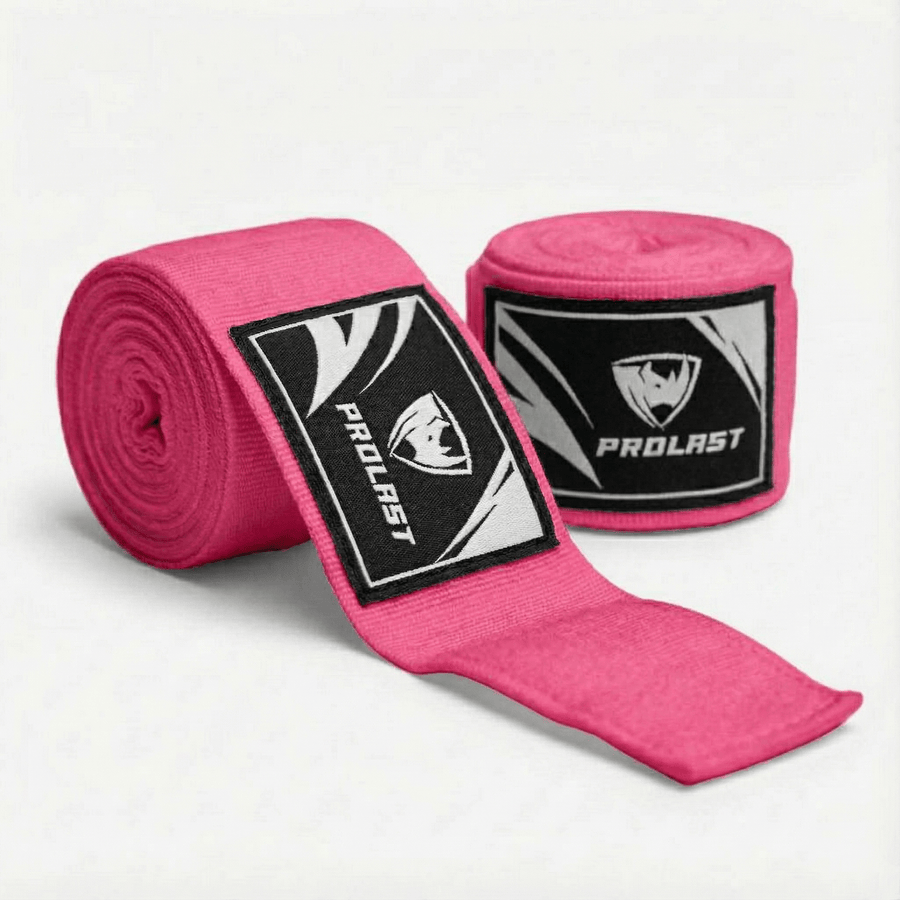 PROLAST 180 in professional boxing hand wraps in Pink, two rolls, one partly unrolled to show the logo label