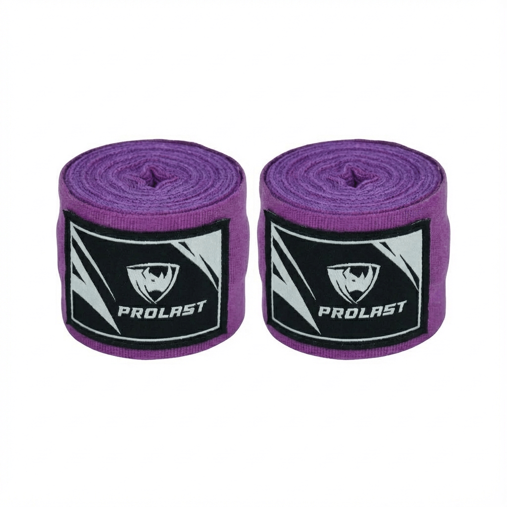 PROLAST 180 in professional boxing hand wraps in Plum Purple, pair of rolled wraps side by side, logo labels facing front
