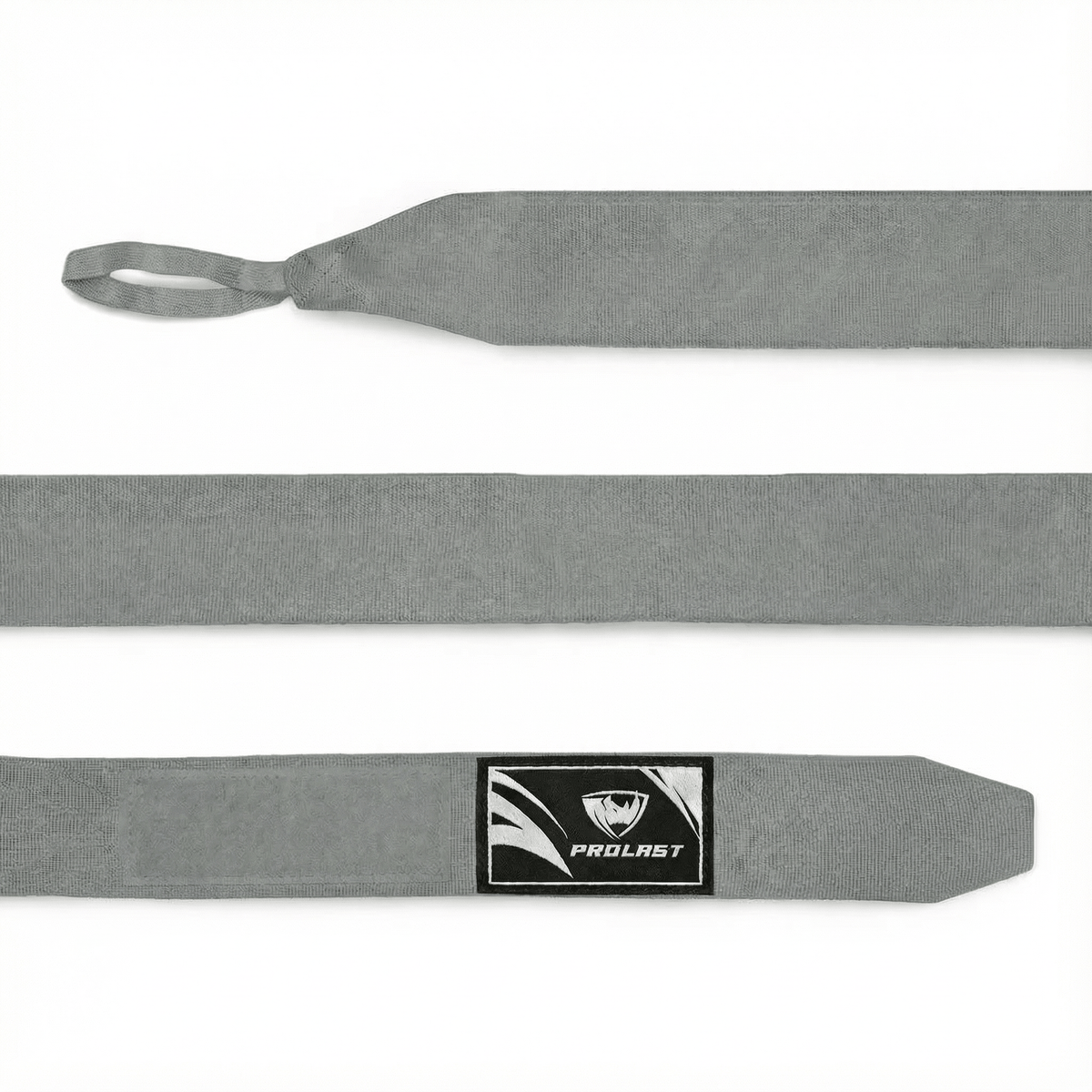 PROLAST 180 in professional boxing hand wraps in Smoke Grey, laid flat: thumb loop, full length and closure end with logo