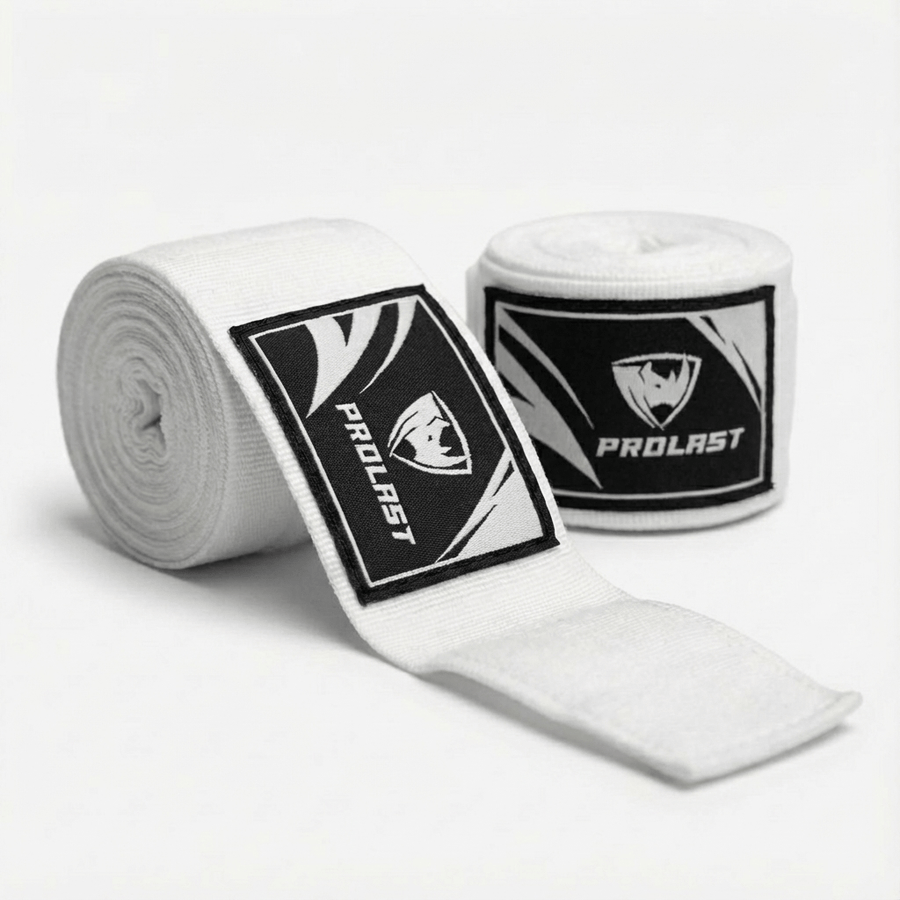 PROLAST 180 in professional boxing hand wraps in Snow White, two rolls, one partly unrolled to show the logo label