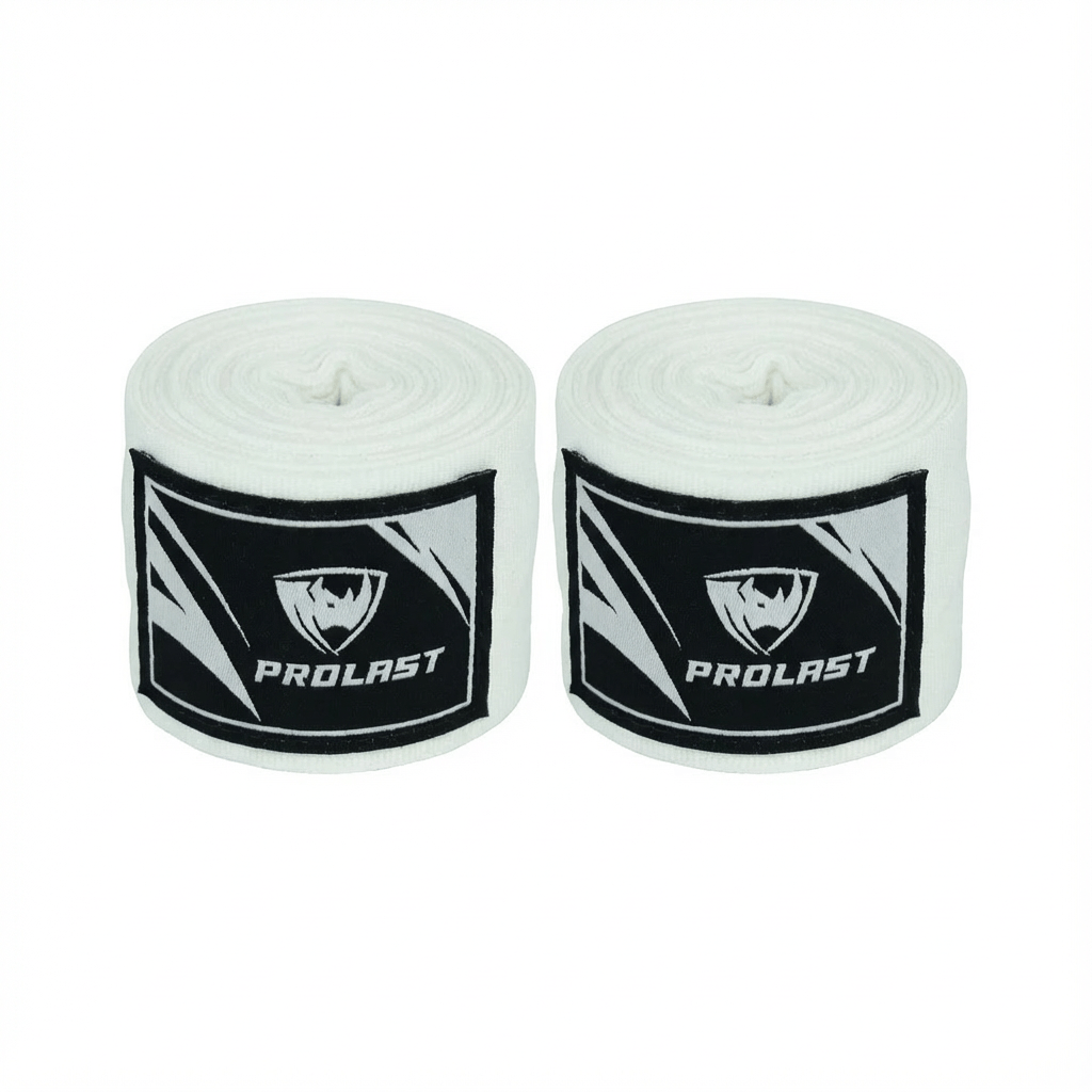 PROLAST 180 in professional boxing hand wraps in Snow White, pair of rolled wraps side by side, logo labels facing front