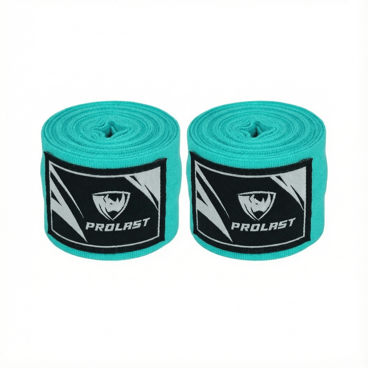 PROLAST 180 in professional boxing hand wraps in Tiffany Blue, pair of rolled wraps side by side, logo labels facing front