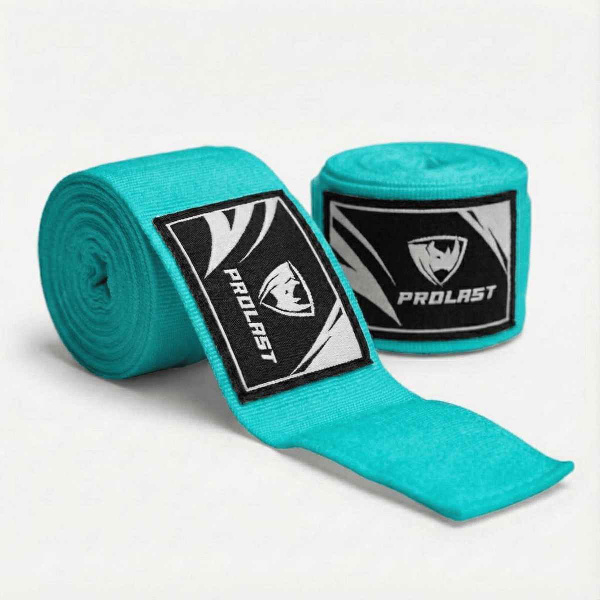 PROLAST 180 in professional boxing hand wraps in Tiffany Blue, two rolls, one partly unrolled to show the logo label