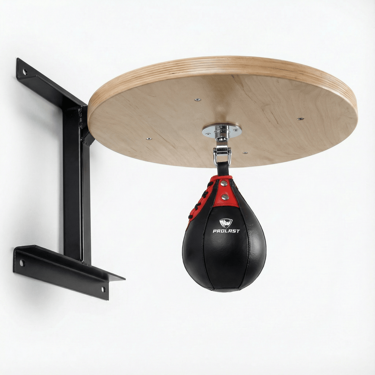 PROLAST premium speed bag platform, black steel wall bracket and round wood board, black and red speed bag hanging below