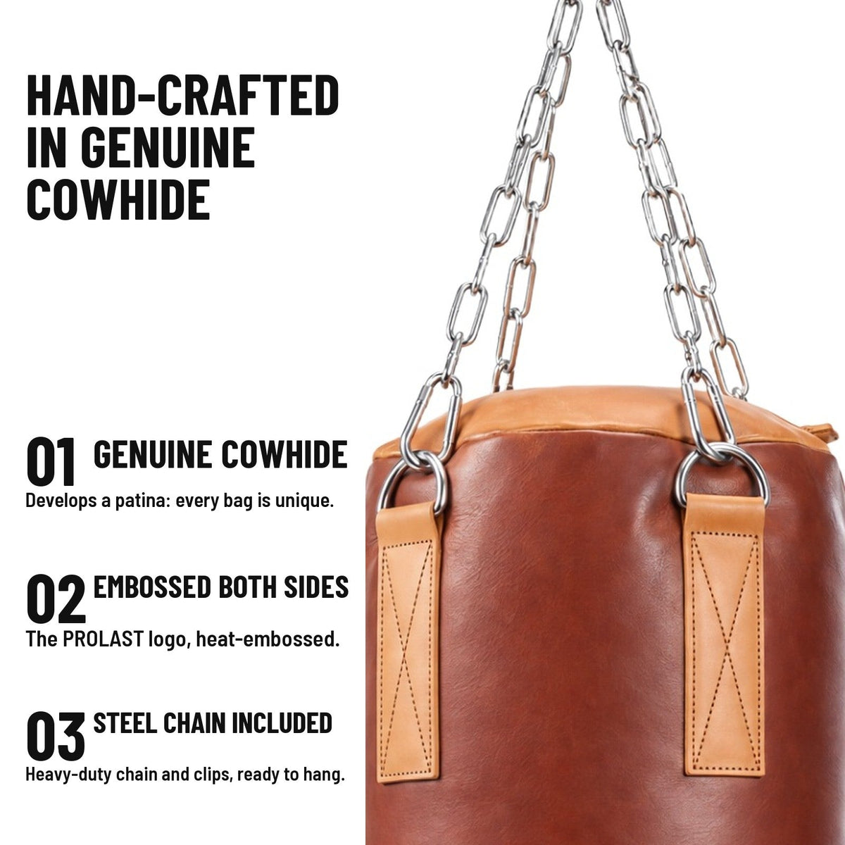 Hand-crafted in genuine cowhide: heat-embossed PROLAST logo on both sides, stainless steel chain and clips included