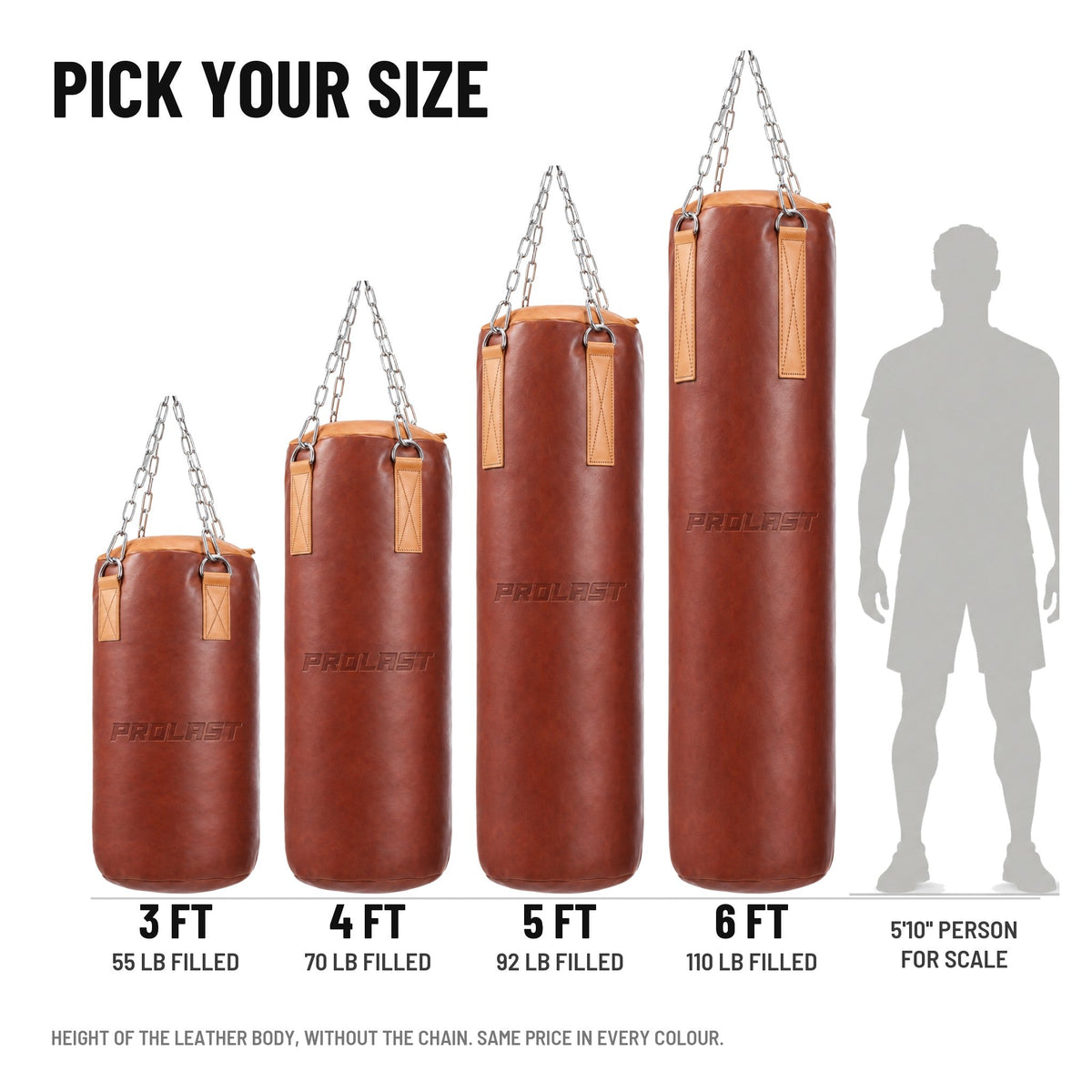 PROLAST Retro Brown Leather Heavy Bag, Tan Trim in 3, 4, 5 and 6 ft (55, 70, 92 and 110 lb filled), next to a 5 ft 10 in person