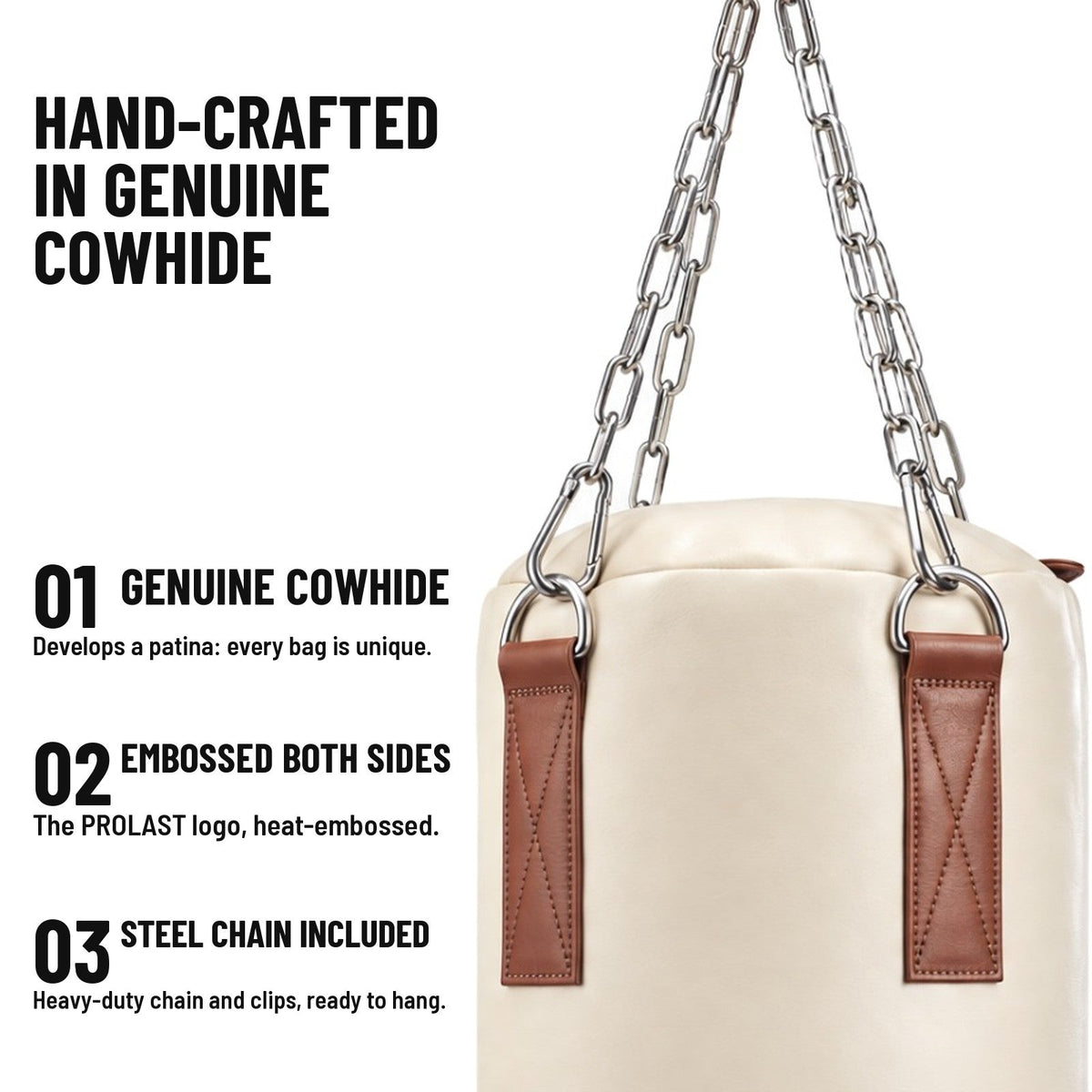 Hand-crafted in genuine cowhide: heat-embossed PROLAST logo on both sides, stainless steel chain and clips included