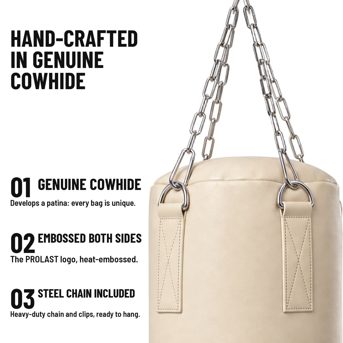 Hand-crafted in genuine cowhide: heat-embossed PROLAST logo on both sides, stainless steel chain and clips included