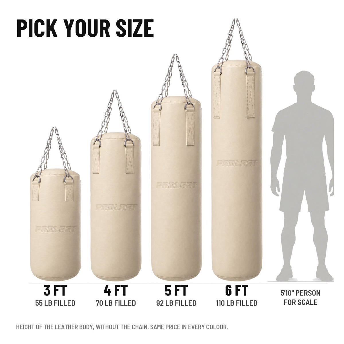 PROLAST Retro Solid Cream Leather Heavy Bag in 3, 4, 5 and 6 ft (55, 70, 92 and 110 lb filled), next to a 5 ft 10 in person