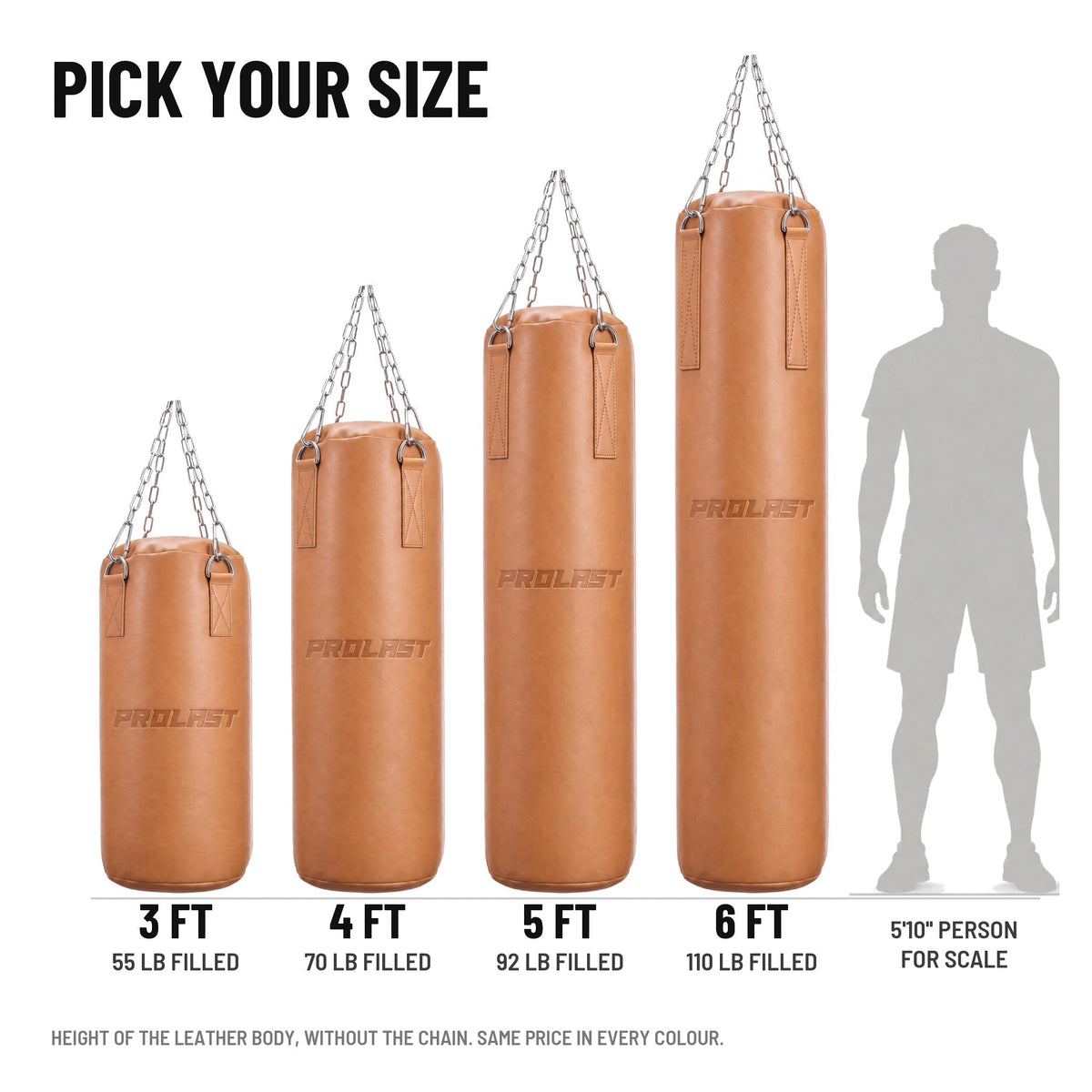 PROLAST Retro Tan Leather Heavy Bag in 3, 4, 5 and 6 ft (55, 70, 92 and 110 lb filled), next to a 5 ft 10 in person