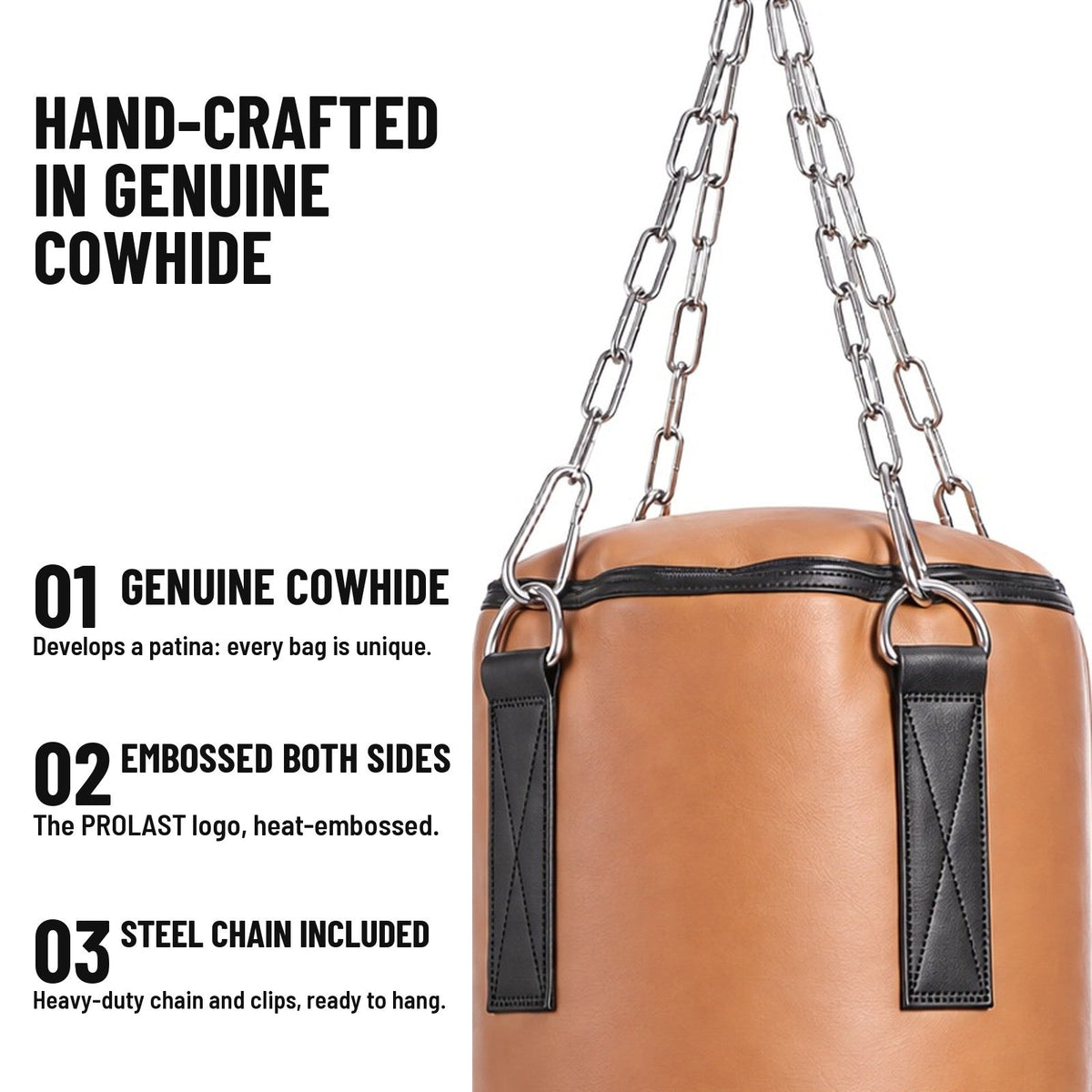 Hand-crafted in genuine cowhide: heat-embossed PROLAST logo on both sides, stainless steel chain and clips included