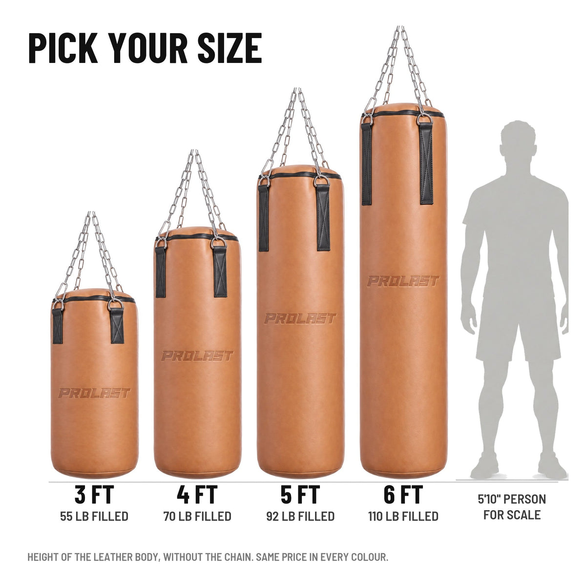PROLAST Retro Tan Leather Heavy Bag, Black Trim in 3, 4, 5 and 6 ft (55, 70, 92 and 110 lb filled), next to a 5 ft 10 in person