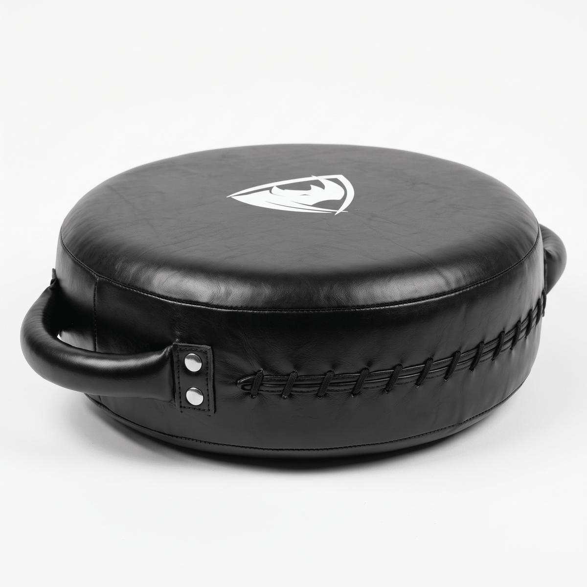 PROLAST round punch shield in black, rear side view showing the laced seam and padded handle
