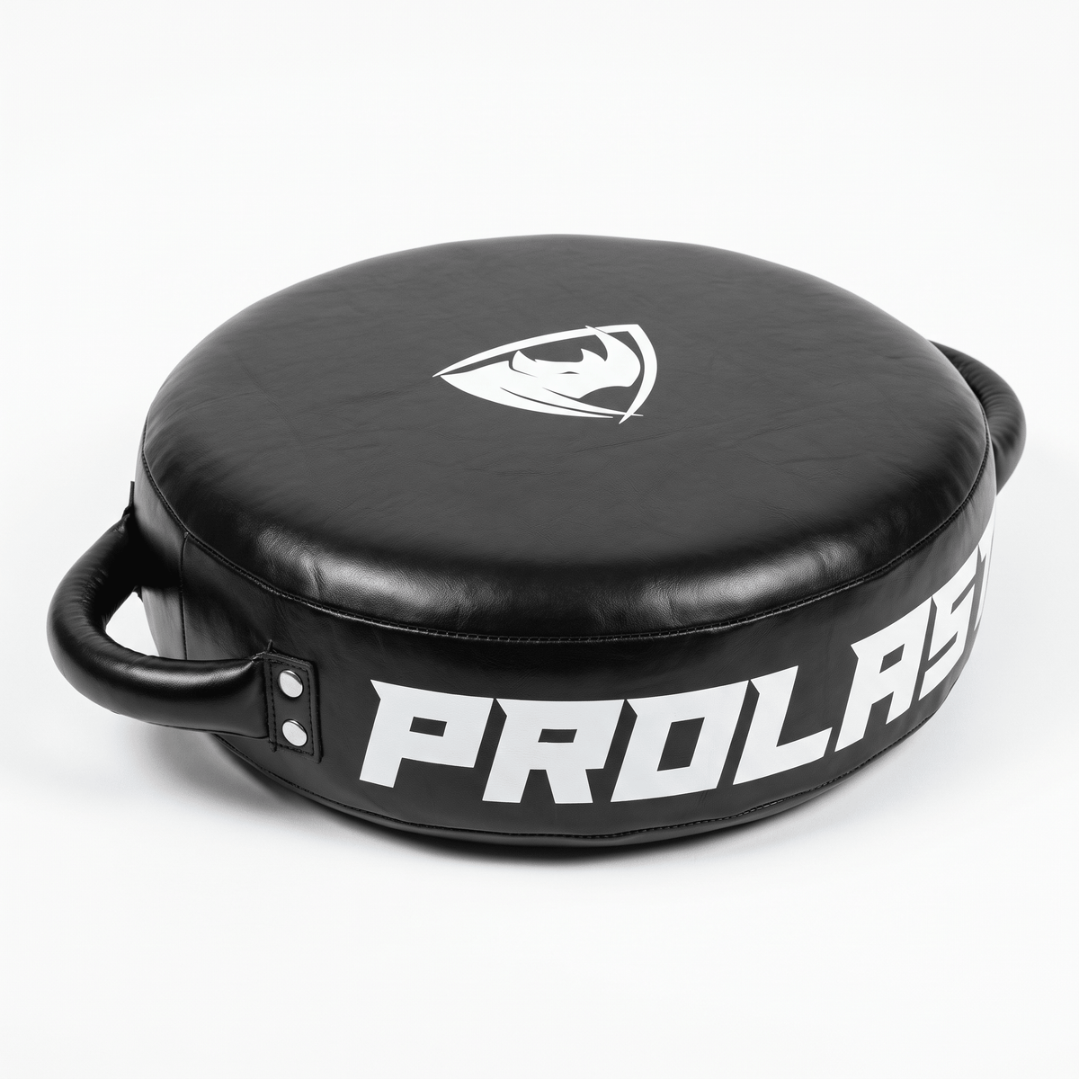 PROLAST round punch shield in black, angled top view with two side handles and PROLAST lettering on the rim