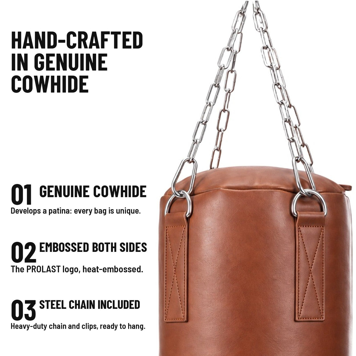 Hand-crafted in genuine cowhide: heat-embossed PROLAST logo on both sides, stainless steel chain and clips included