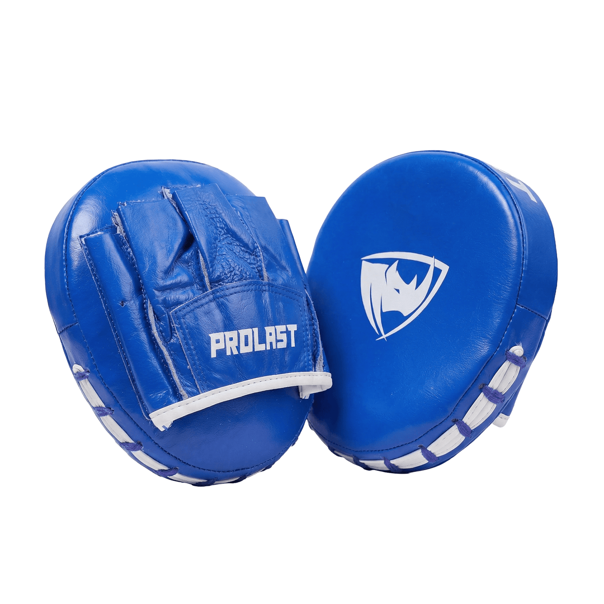 PROLAST speed mitts in blue, pair at an angle showing the hand pocket and the rhino logo face