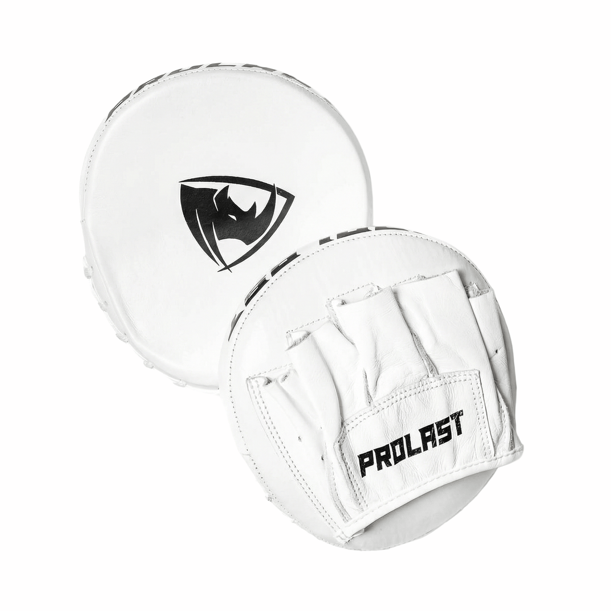 PROLAST speed mitts in white, pair stacked, rhino logo face on top and PROLAST hand pocket in front
