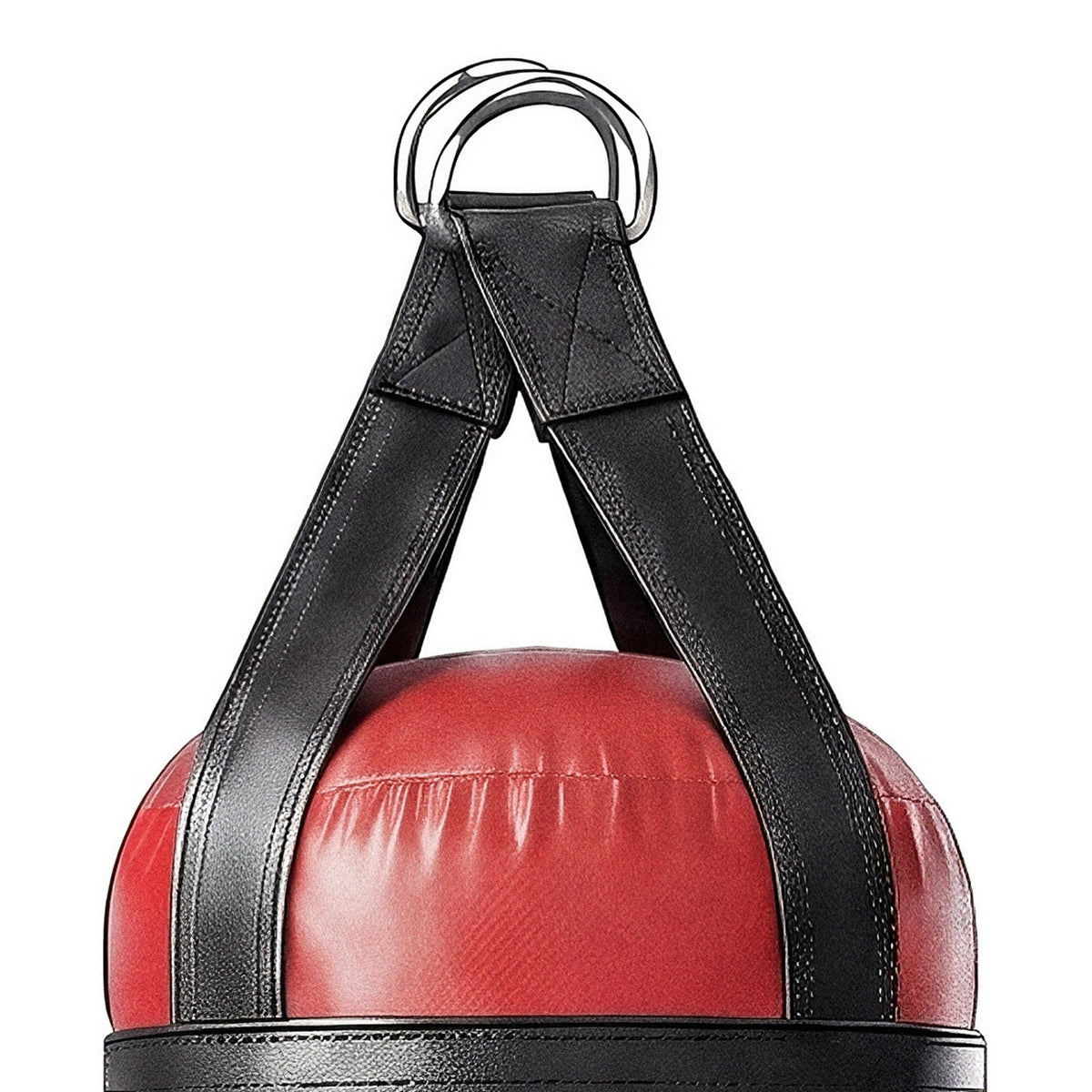 Close-up of the 4 ft 80 lb heavy bag: hanging straps box-X stitching and two heavy steel D-rings