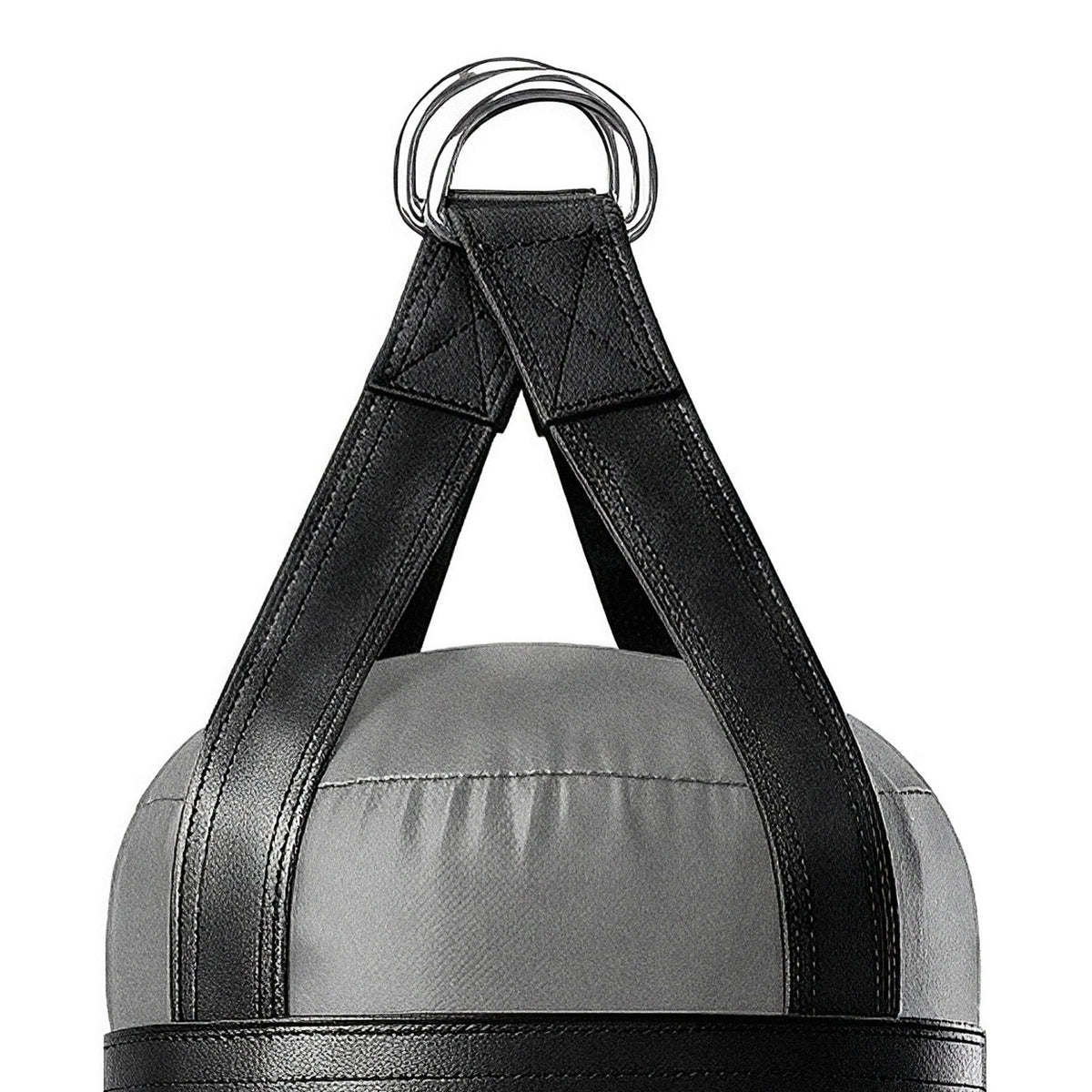 Close-up of the 4 ft 80 lb heavy bag: hanging straps box-X stitching and two heavy steel D-rings