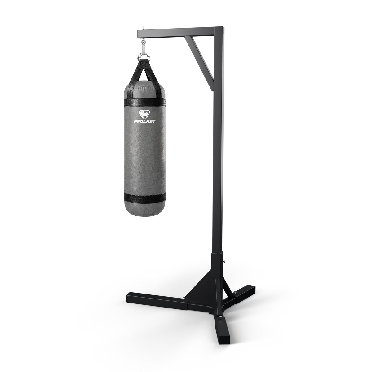 PROLAST 4 ft 80 lb stock heavy bag, smoke grey, hanging from a PROLAST single bag stand on a steel snap hook through its D-rings (stand sold separately)