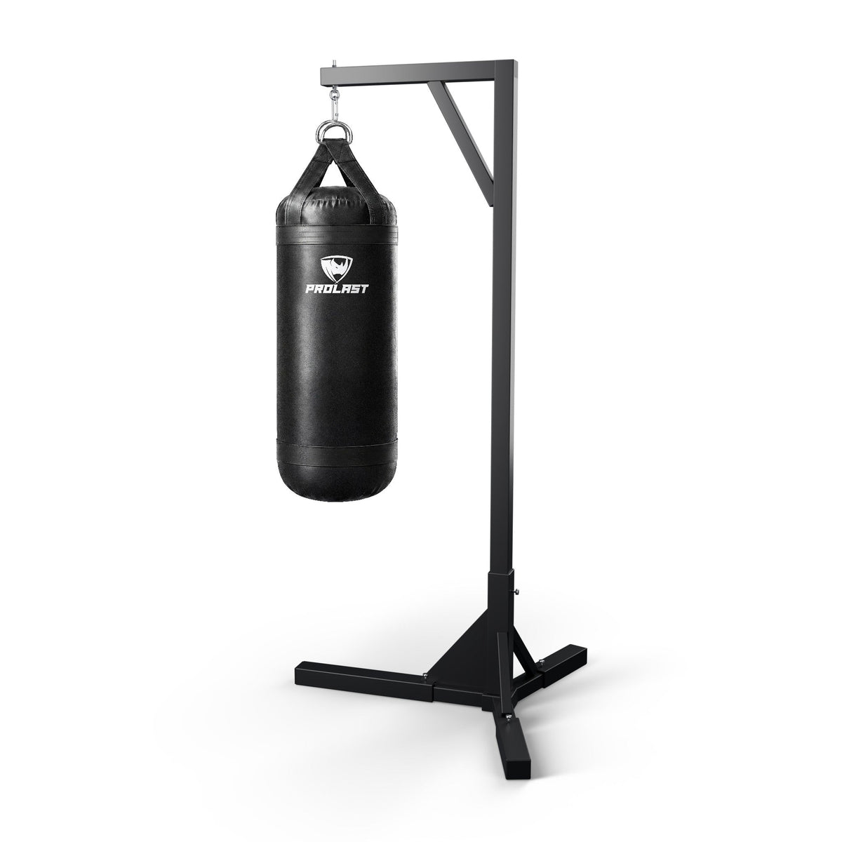 PROLAST 4 ft XL 135 lb stock heavy bag, black, hanging from a PROLAST single bag stand on a steel snap hook through its D-rings (stand sold separately)