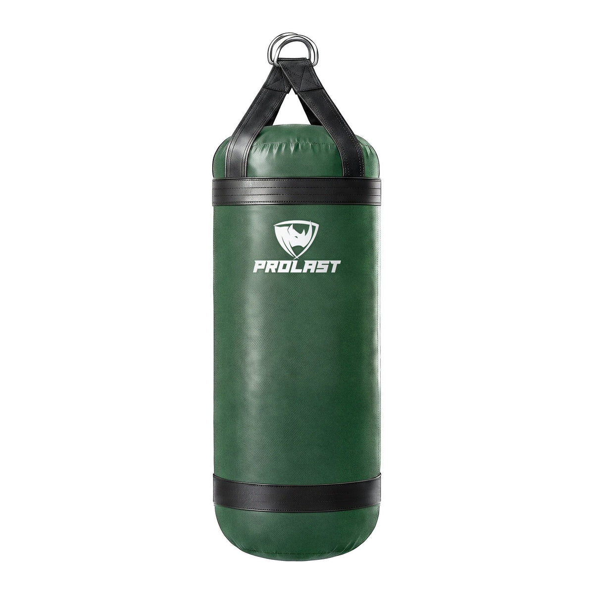 PROLAST 4 ft XL 135 lb stock heavy bag, green with black trims and straps, front view with the PROLAST logo