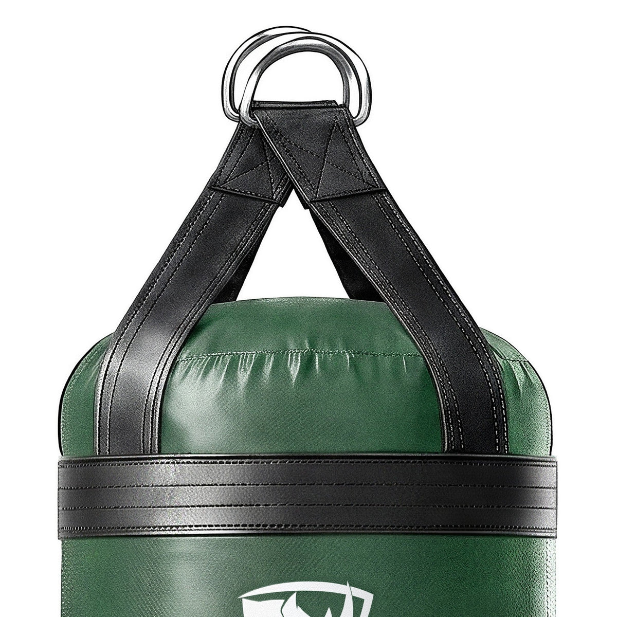 Close-up of the 4 ft XL 135 lb heavy bag: hanging straps box-X stitching and two heavy steel D-rings