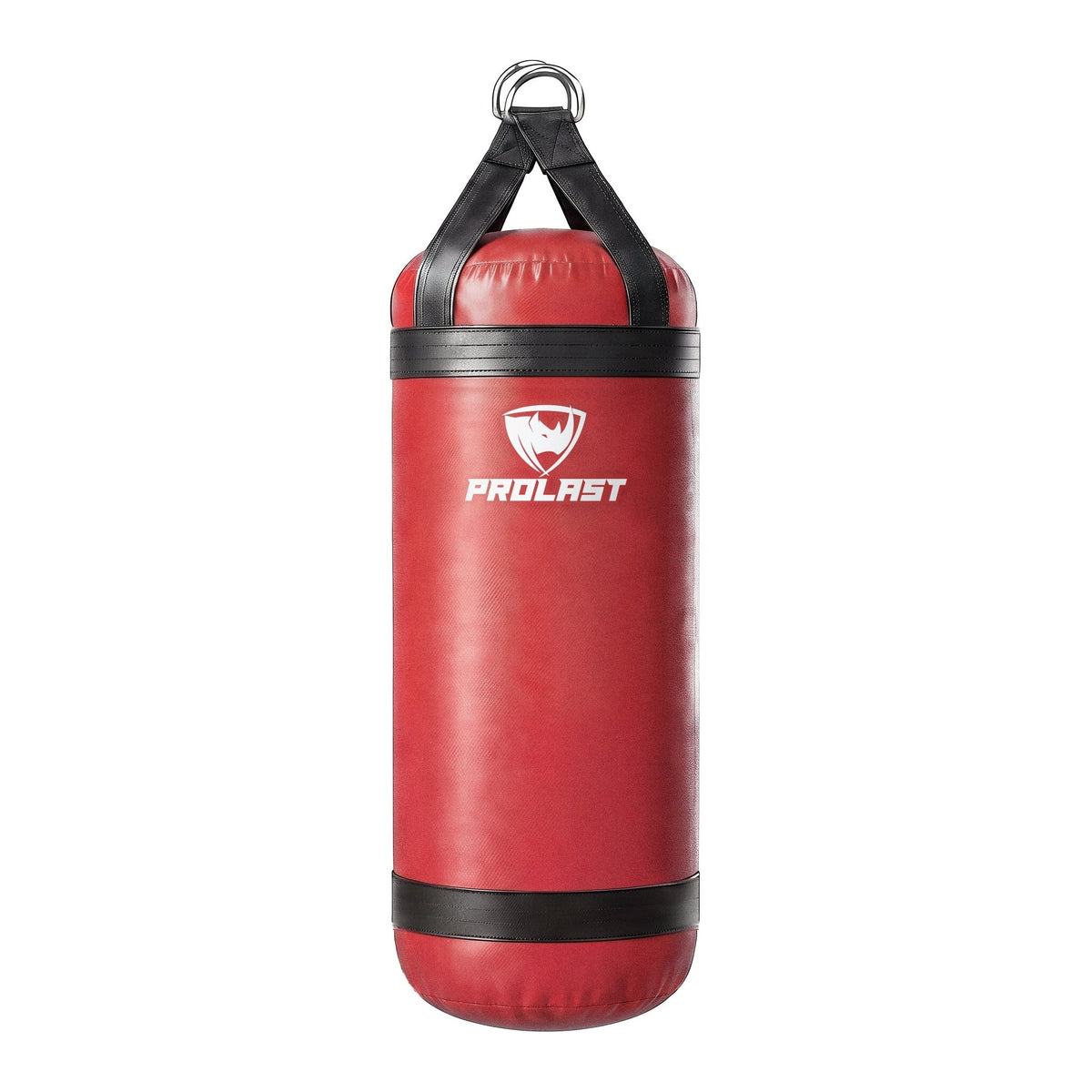 PROLAST 4 ft XL 135 lb stock heavy bag, red with black trims and straps, front view with the PROLAST logo