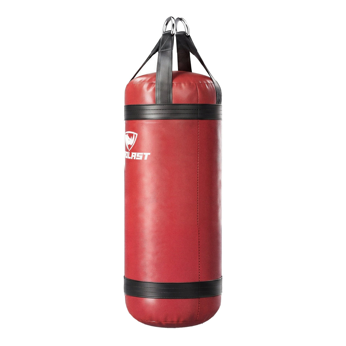PROLAST 4 ft XL 135 lb stock heavy bag, red with black trims and straps, side view