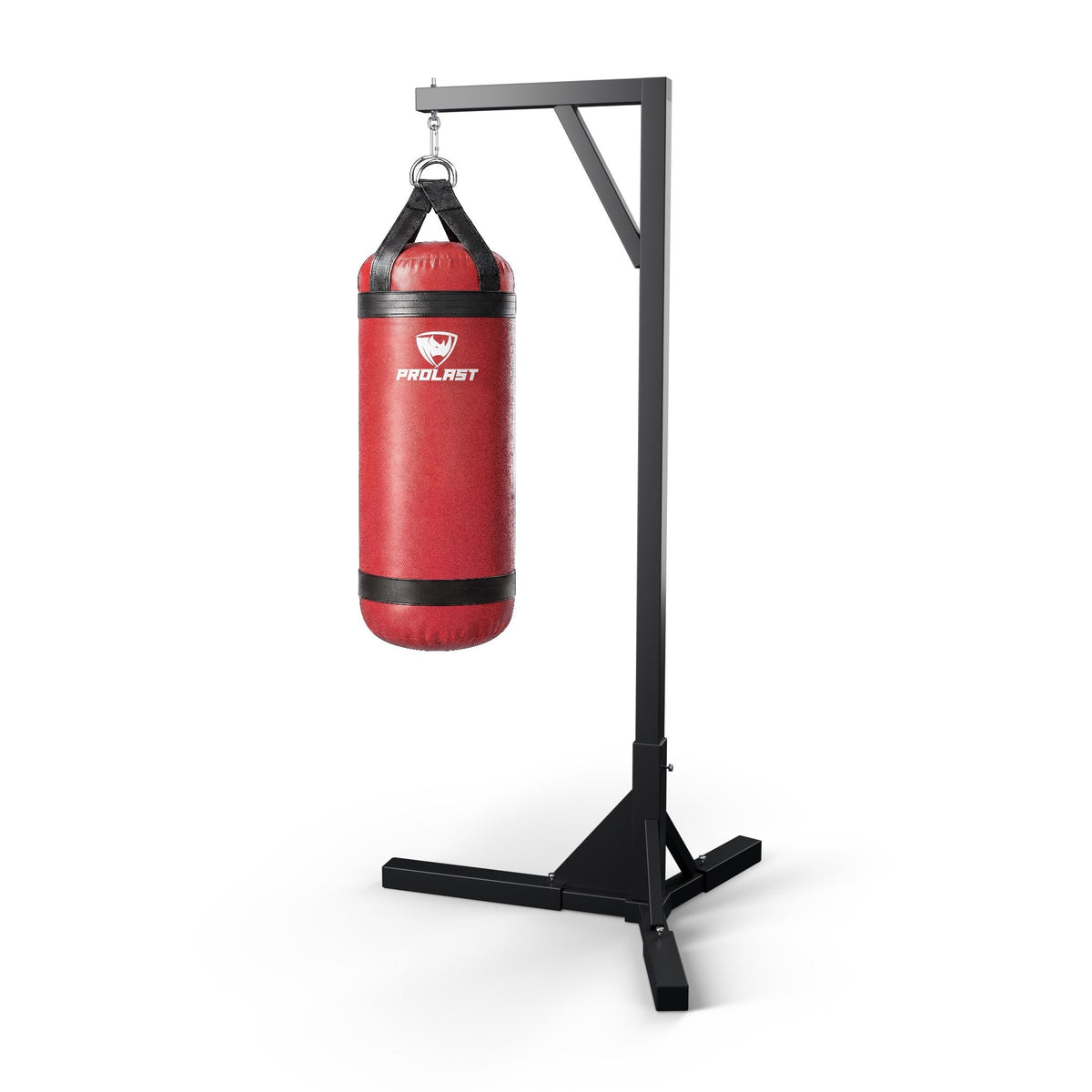 PROLAST 4 ft XL 135 lb stock heavy bag, red, hanging from a PROLAST single bag stand on a steel snap hook through its D-rings (stand sold separately)