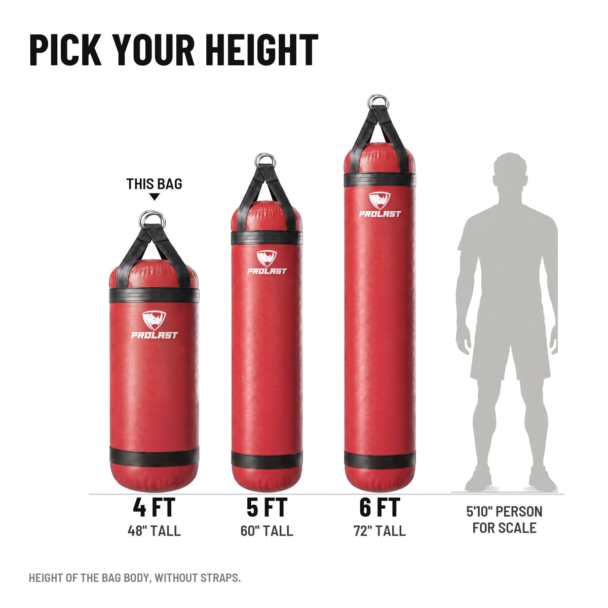 Height guide: 4, 5 and 6 ft PROLAST heavy bags in red to scale next to a 5 ft 10 in person; this bag is the 4 ft XL 135 lb