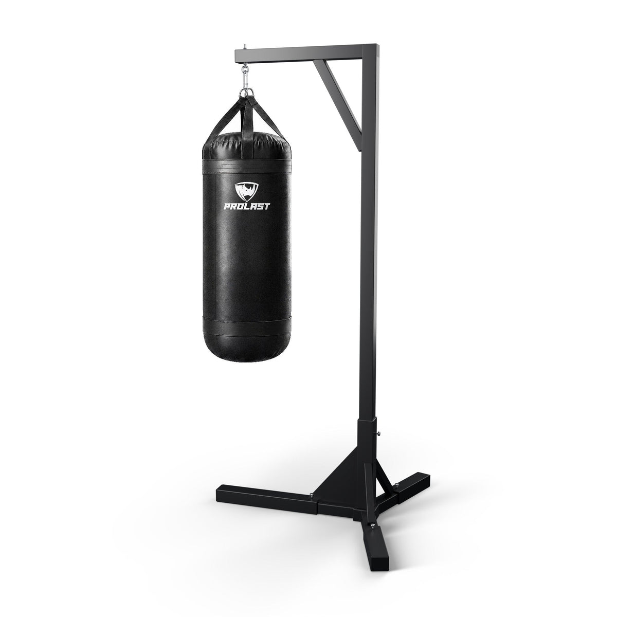PROLAST 4 ft XL 150 lb stock heavy bag, black, hanging from a PROLAST single bag stand on a steel snap hook through its D-rings (stand sold separately)