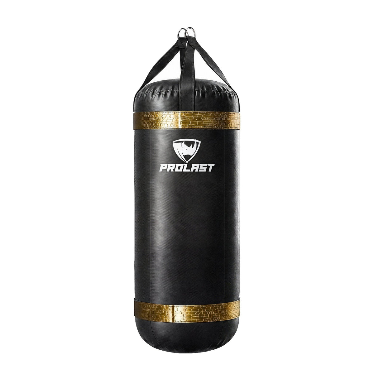 PROLAST 4 ft XL 150 lb stock heavy bag, black with gold alligator trims, front view with the PROLAST logo