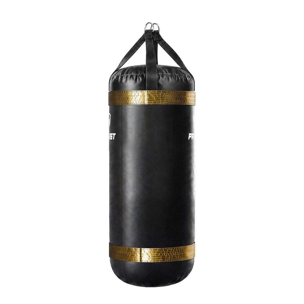 PROLAST 4 ft XL 150 lb stock heavy bag, black with gold alligator trims, side panel view, 4-panel construction