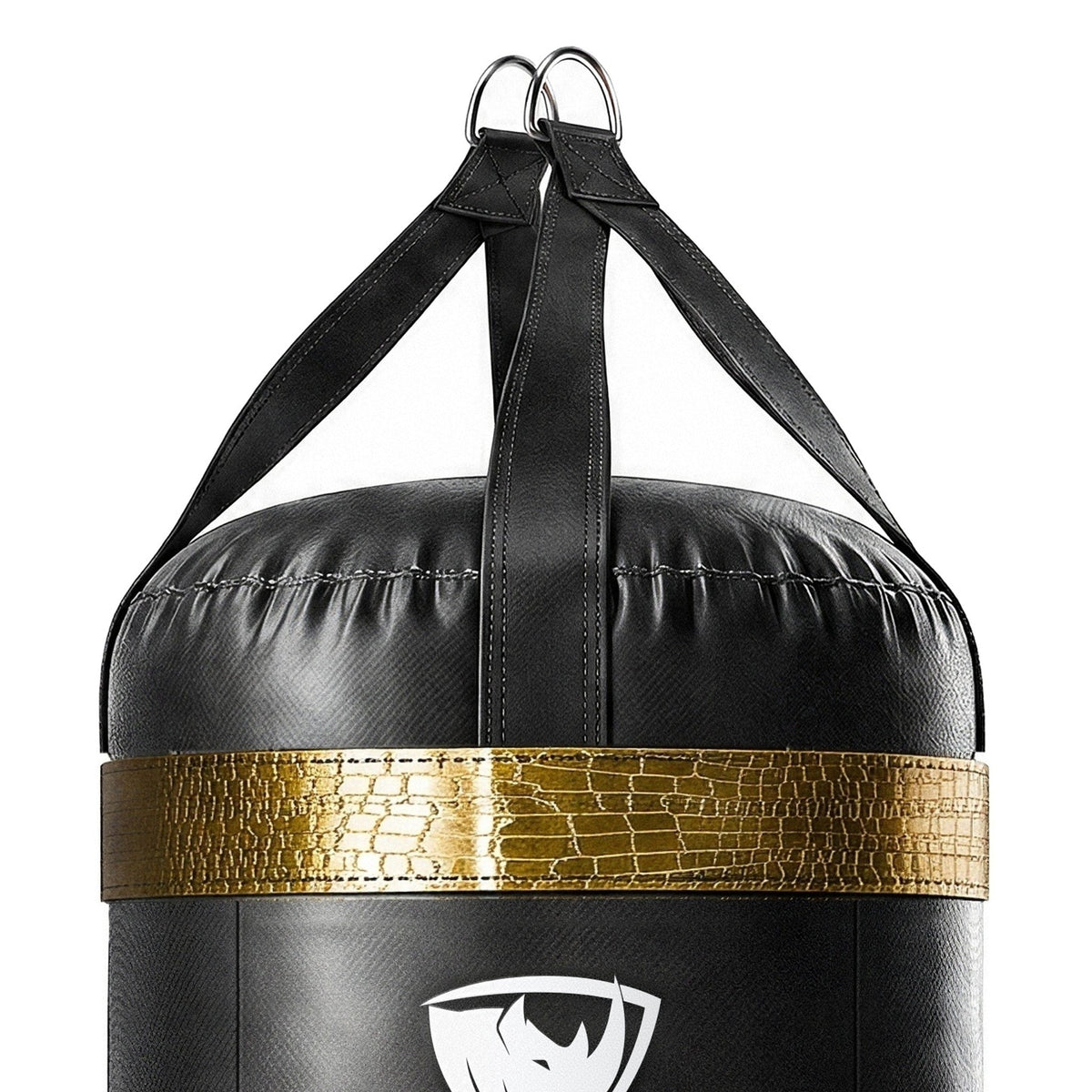 Close-up of the 4 ft XL 150 lb heavy bag: four hanging straps, one per panel, box-X stitching and two heavy steel D-rings