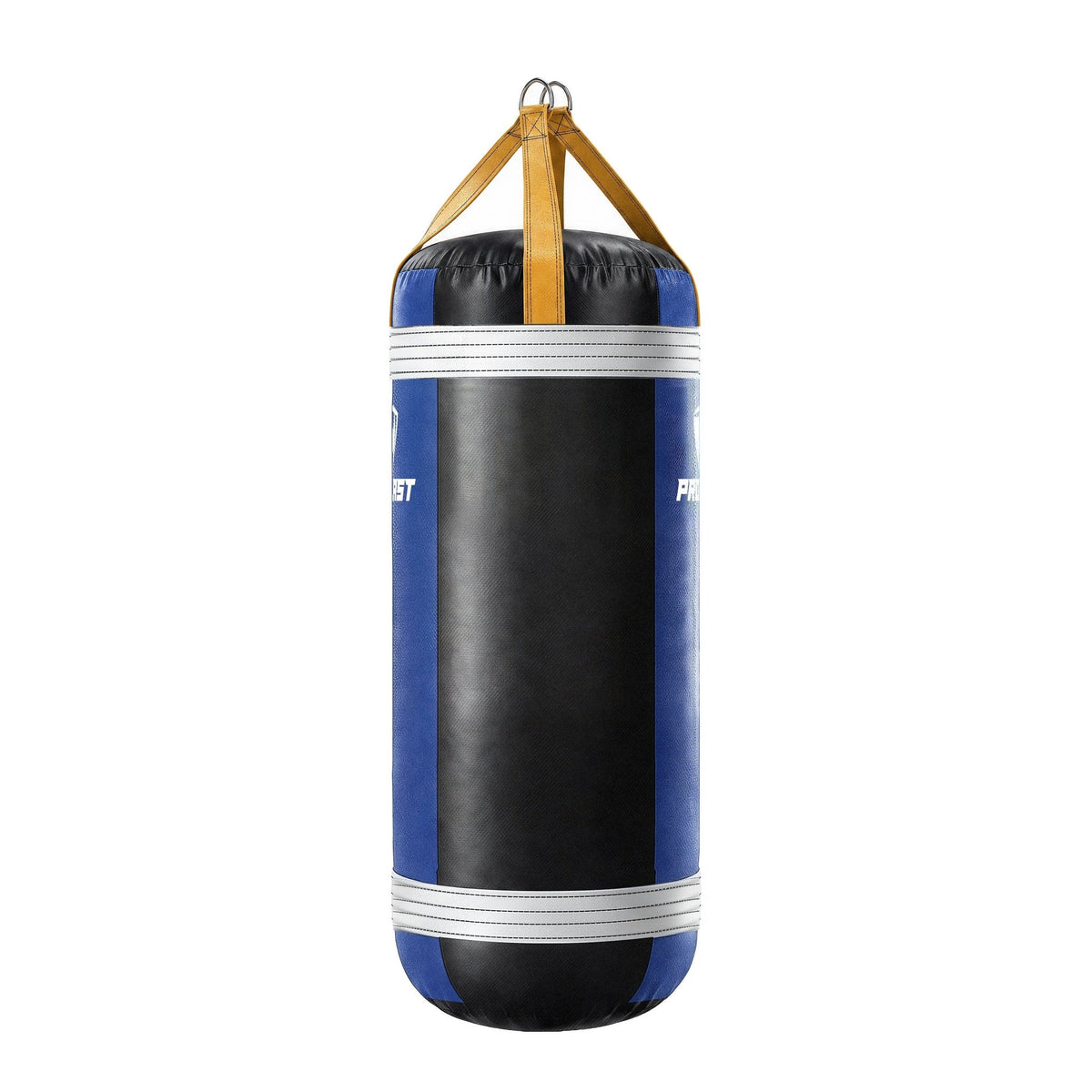 PROLAST 4 ft XL 150 lb stock heavy bag, royal blue with white trims and yellow straps, side panel view, 4-panel construction