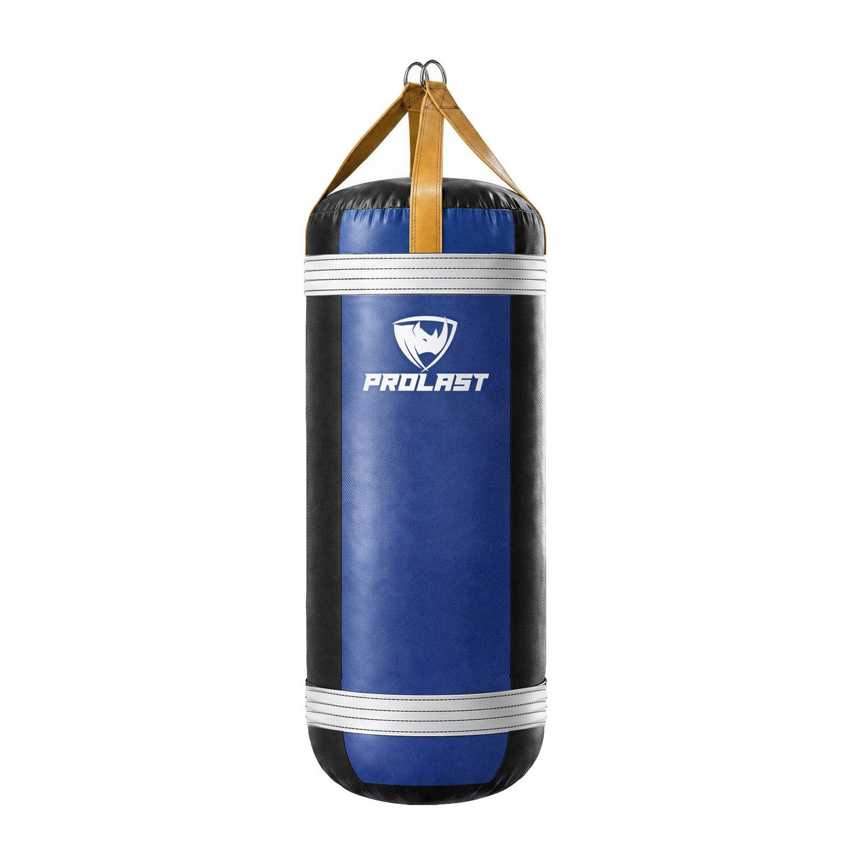 PROLAST 4 ft XL 150 lb stock heavy bag, royal blue with white trims and yellow straps, front view with the PROLAST logo
