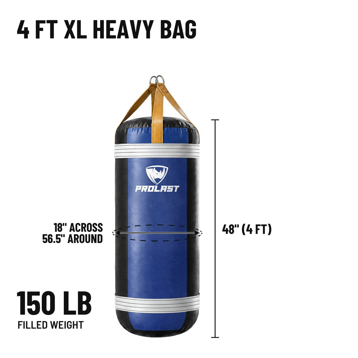 4 ft XL 150 lb heavy bag: 48 in body, 18 in across, 56.5 in around, 150 lb filled