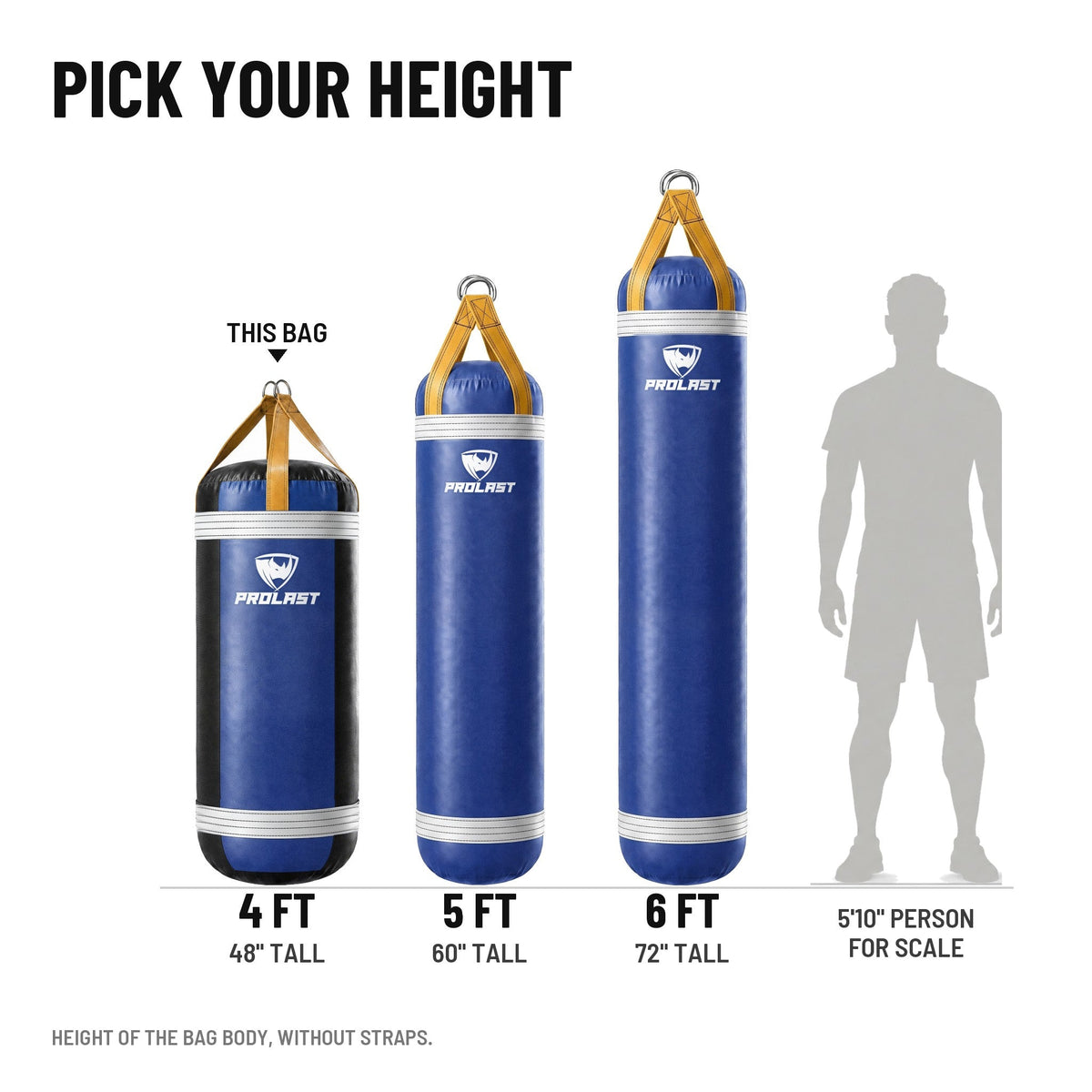 Height guide: 4, 5 and 6 ft PROLAST heavy bags in royal blue with white trims and yellow straps to scale next to a 5 ft 10 in person; this bag is the 4 ft XL 150 lb